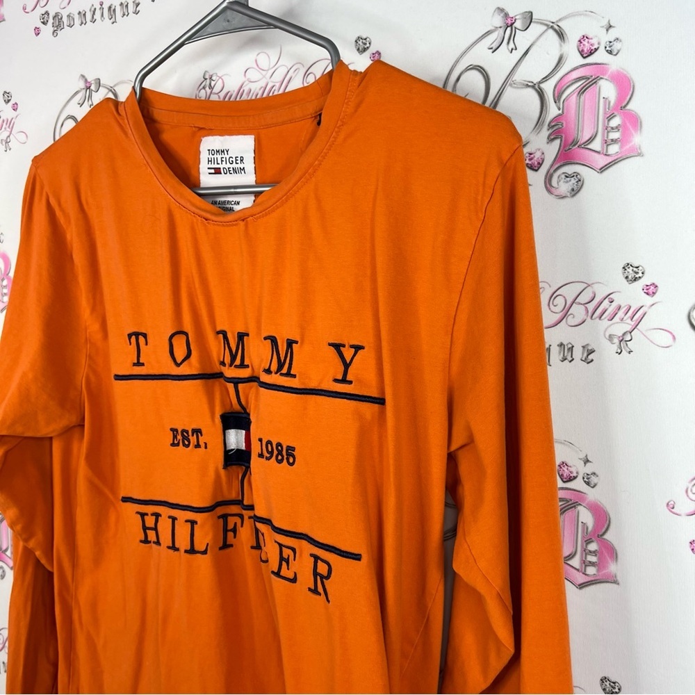 Tommy Hilfiger long sleeve embroidered front Vibrant Orange Graphic Tee - Picture 3 of 11